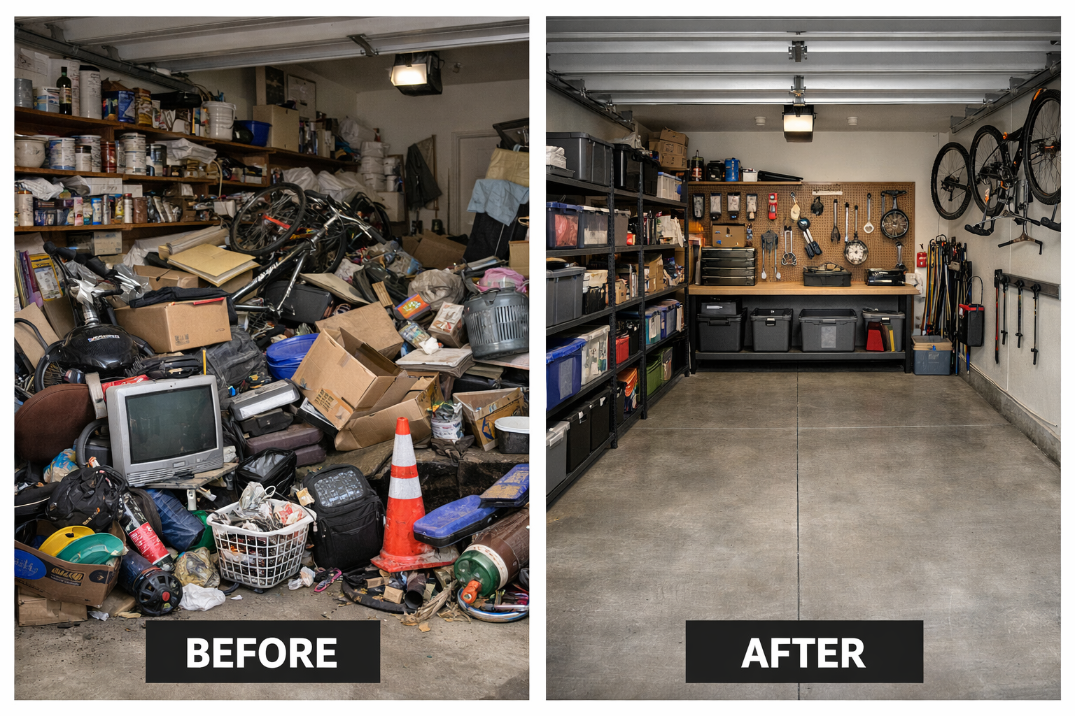 Before and after garage cleanout in Aurora CO